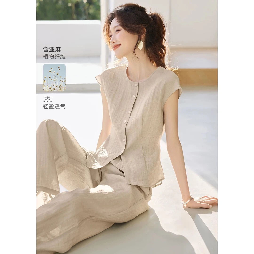 轻通勤圆领松弛感显瘦无袖上衣长裤两件套2025夏新款套装气质休闲