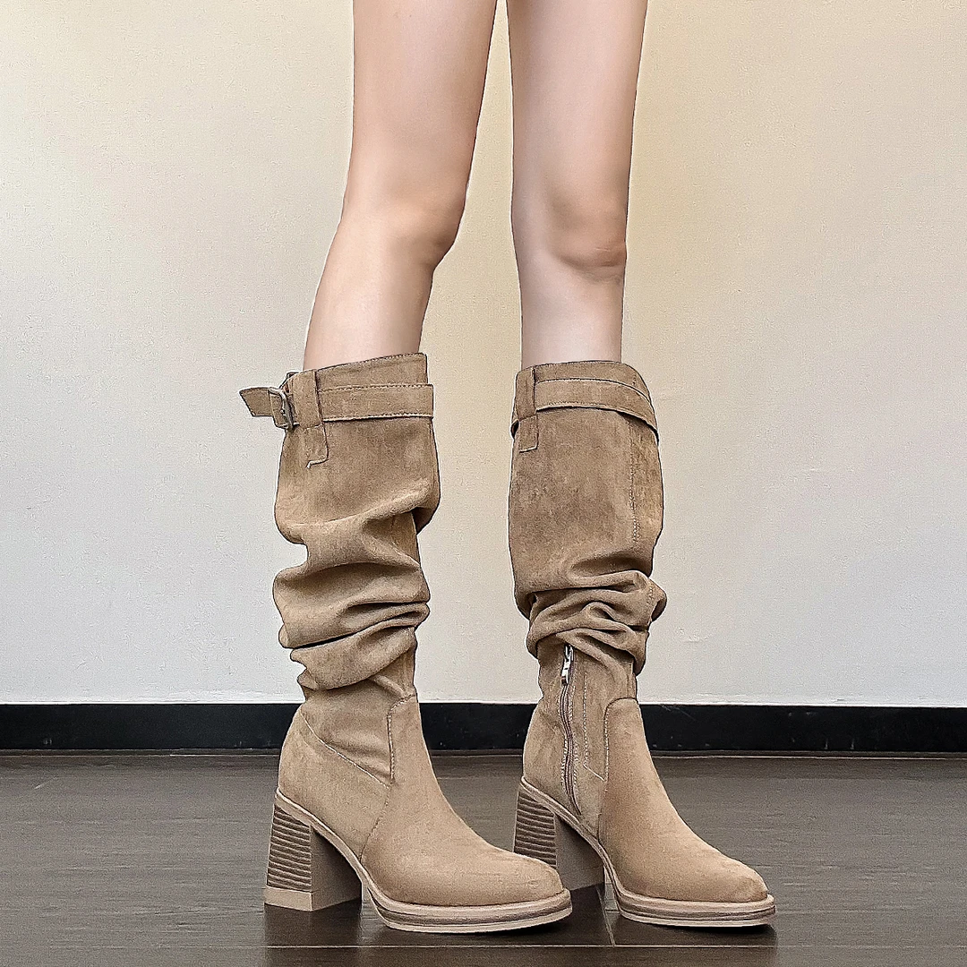 松弛感堆堆靴子女长筒靴2025年秋冬穿搭显瘦百搭粗跟美拉德长靴子