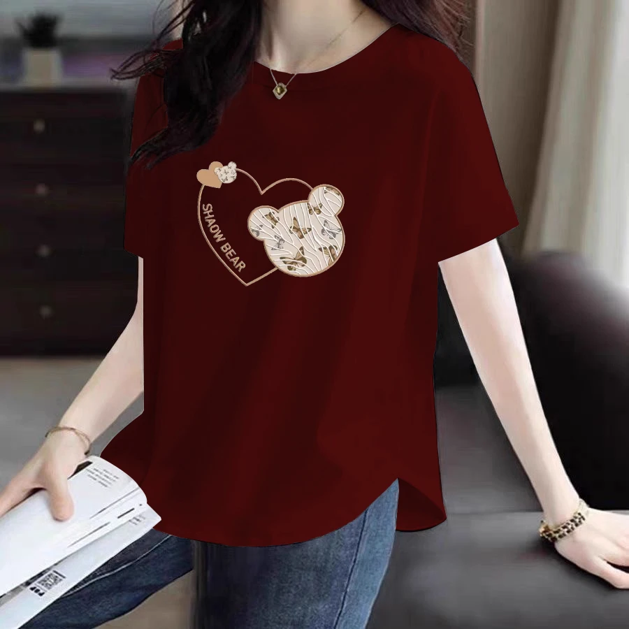 100%纯棉短袖T恤女士夏季新款大码宽松弧形下摆韩版休闲圆领上衣