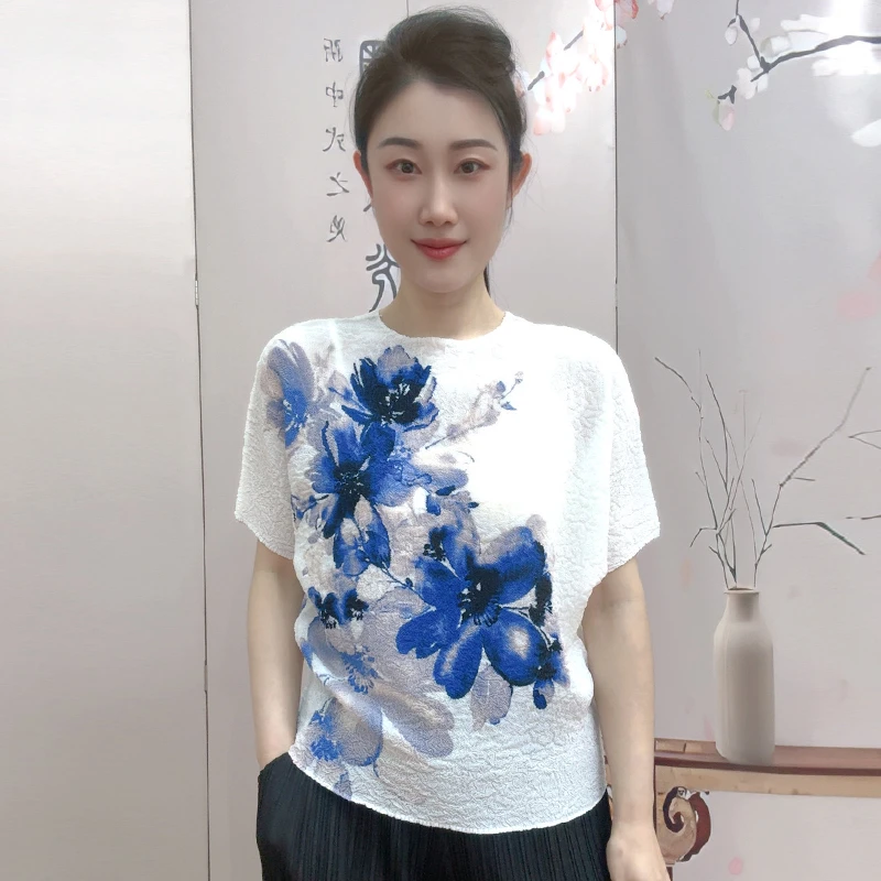 高级感重工褶皱T恤水墨画短款时尚气质宽松印花减龄大码上衣小衫