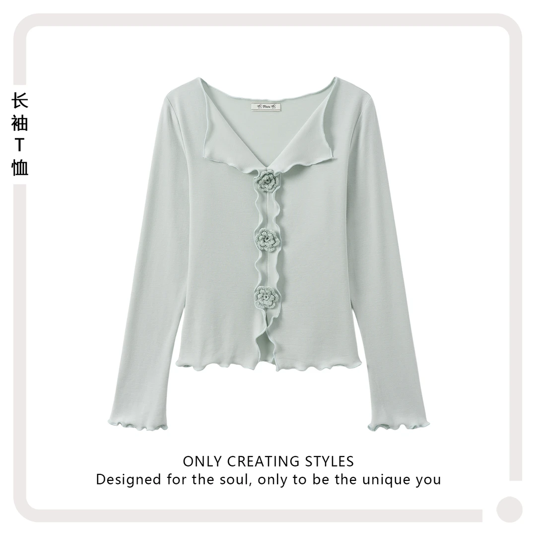 立体花朵设计感V领木耳边长袖T恤女气质甜美正肩直筒修身显瘦上衣