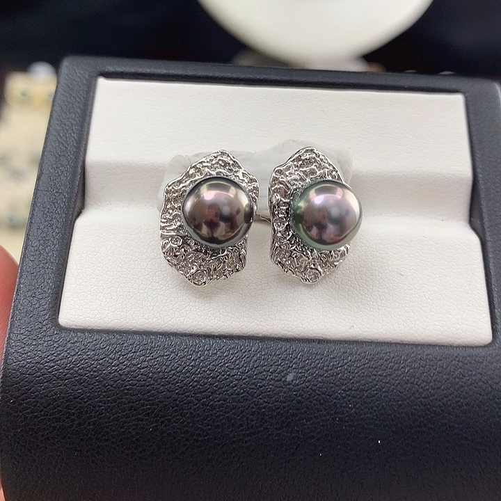 海水珍珠耳钉银S925镶嵌8-9mm