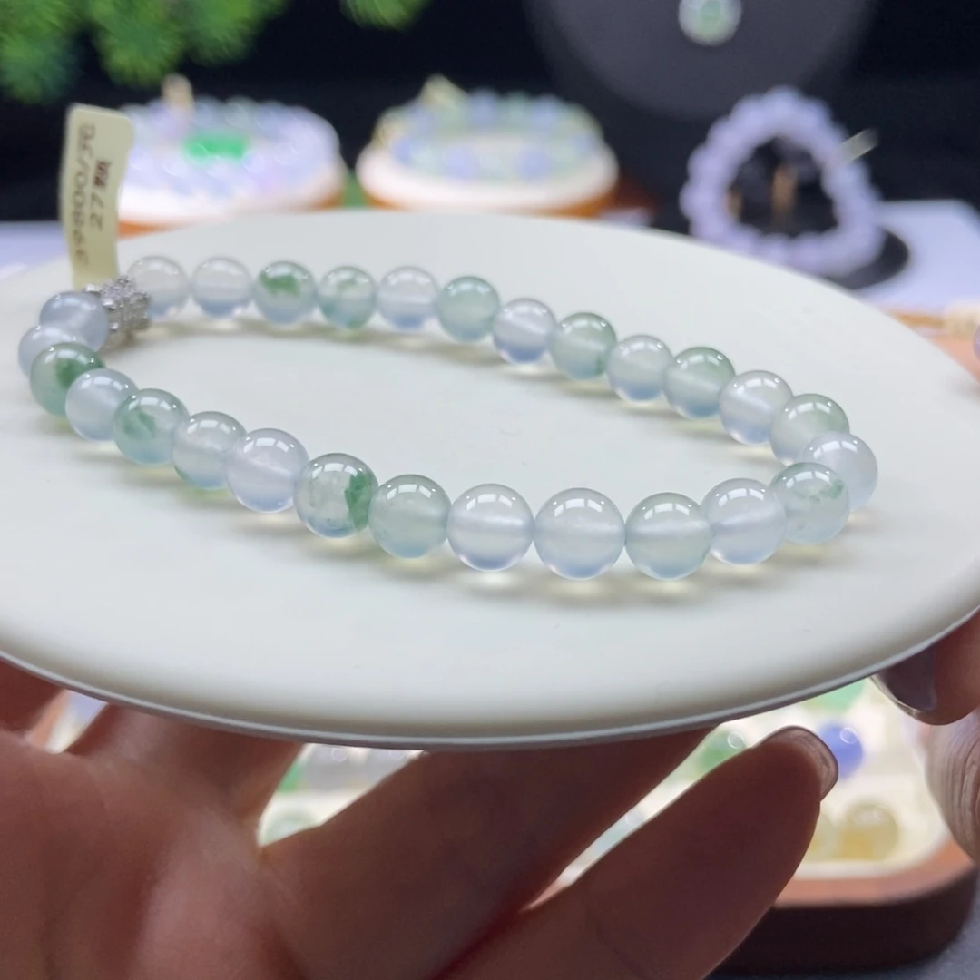 翡翠手串未镶嵌高冰飘绿花圆珠6+