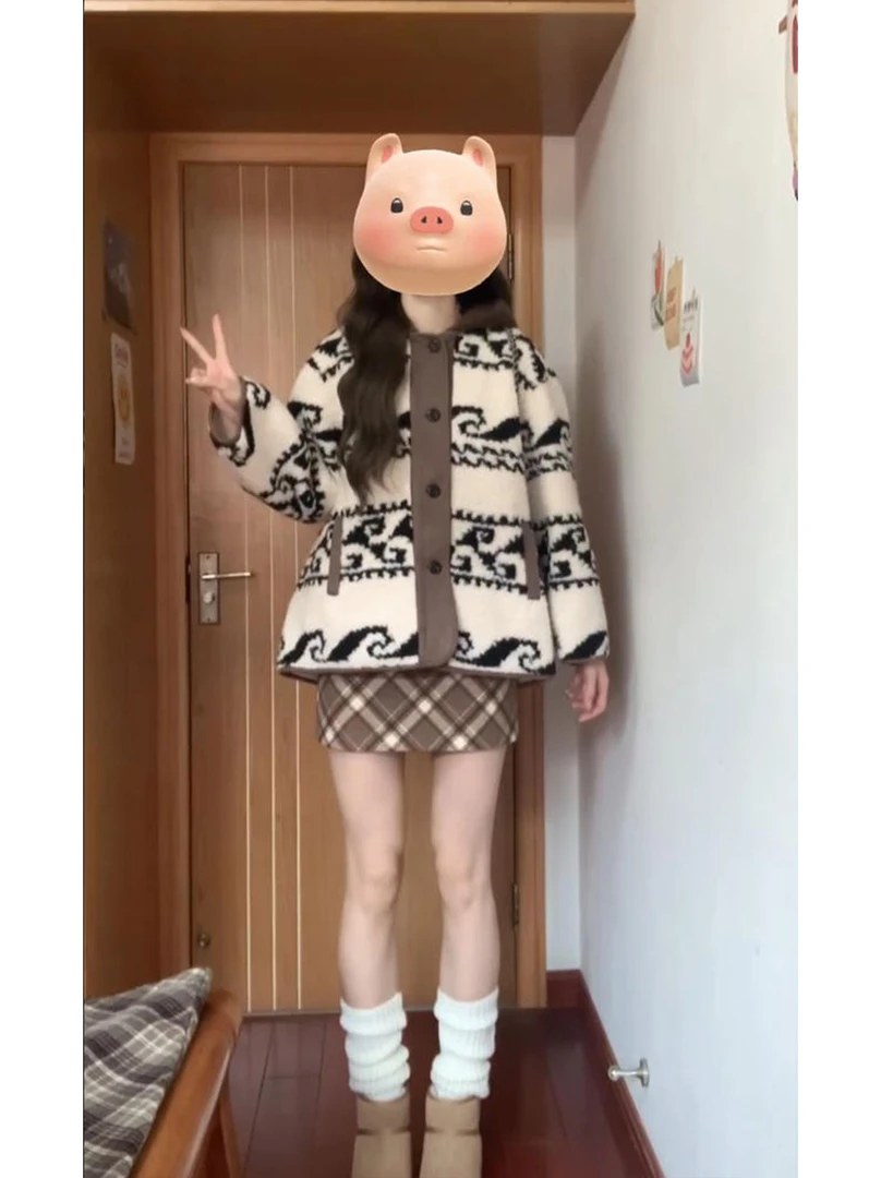 韩系氛围感穿搭套装女秋冬季新款费尔岛拼接外套格纹半身裙两件套