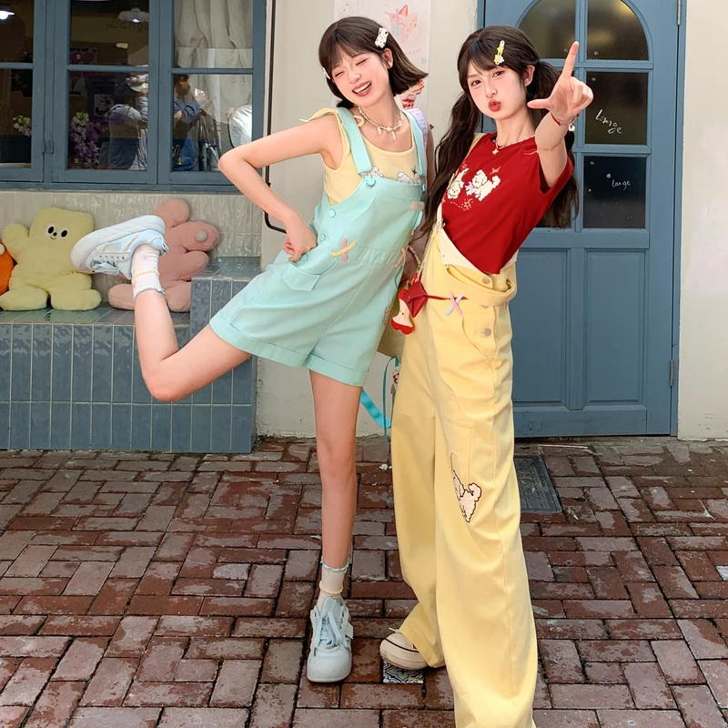 森女部落绿色清新小狗刺绣背带裤初夏穿搭短裤宽松直筒休闲裤女