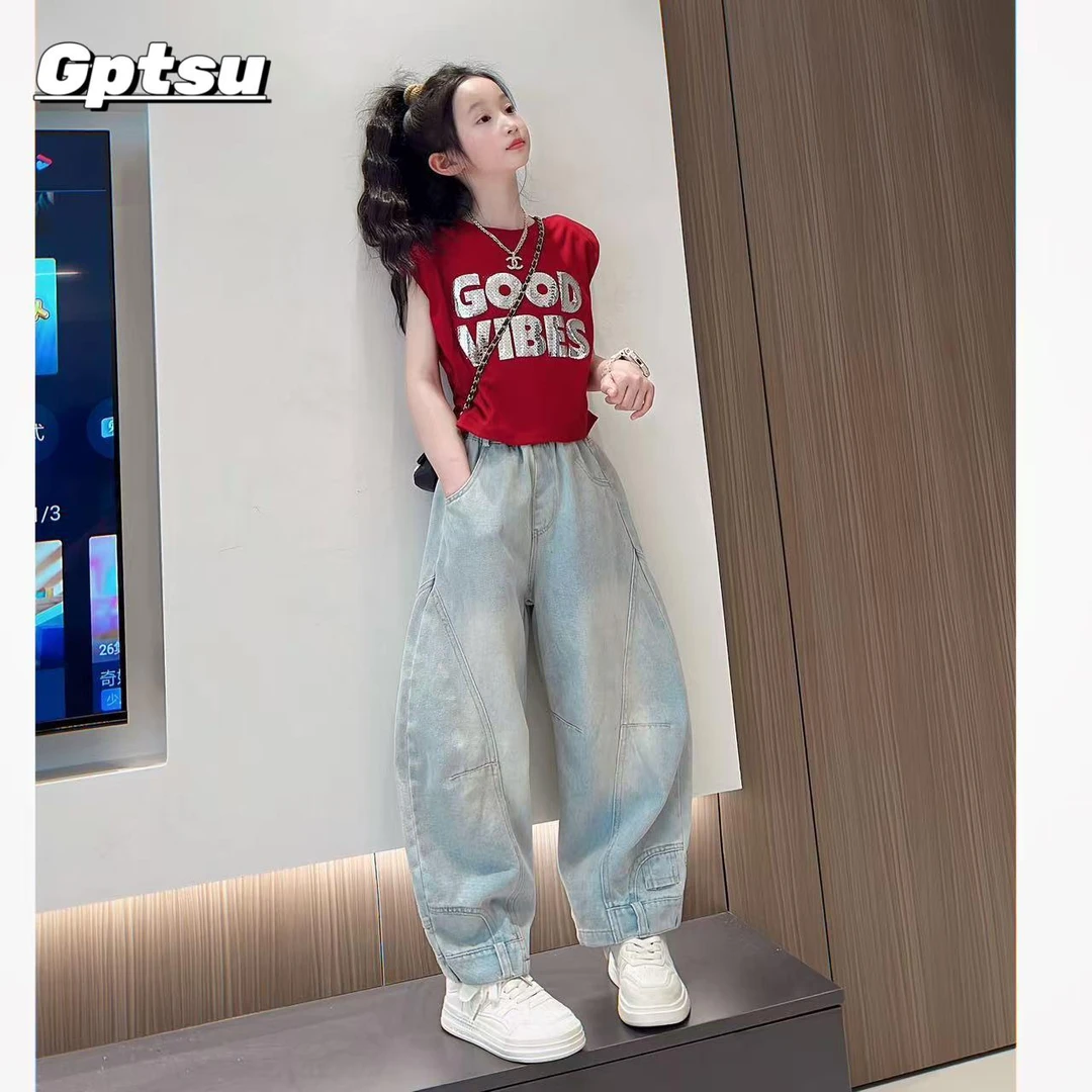 GPTSu女童牛仔裤夏装2025新款薄款儿童宽松弯刀裤阔腿夏季薄款潮