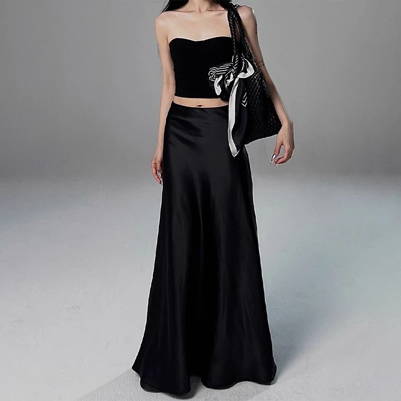 大码黑色醋酸缎面显腿长半身裙女夏薄款百搭丝滑垂感显瘦鱼尾长裙