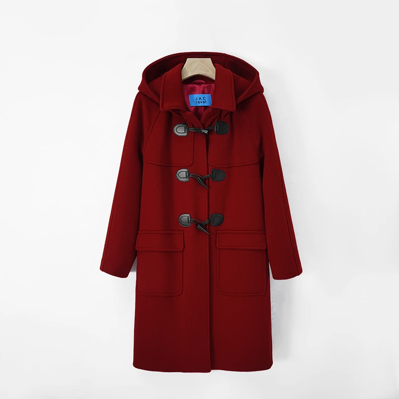 大衣口袋大衣牛角扣气质洋气中国红休闲毛呢秋冬连帽时尚23721