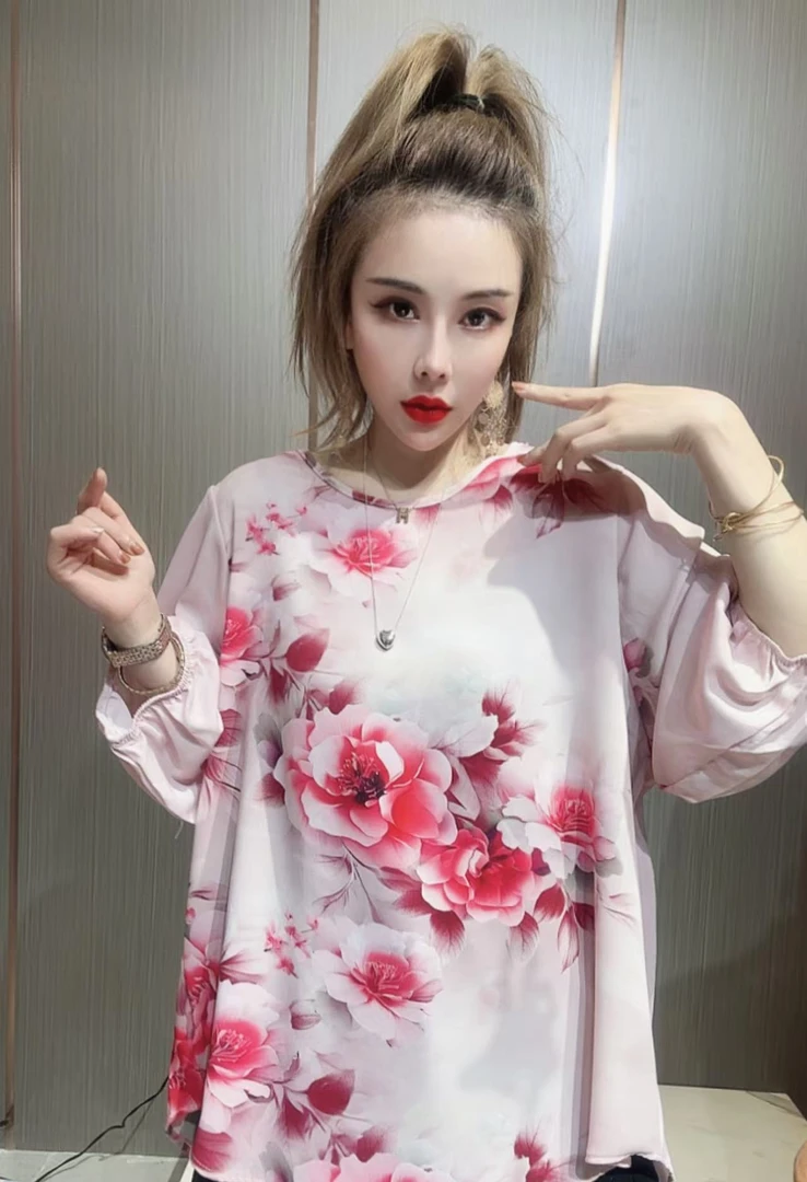 桃花朵朵-T恤时尚百搭显瘦气质女士夏季宽松印花圆领水墨516