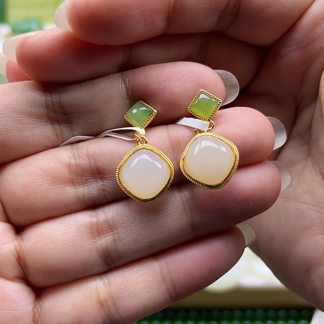 银S925镶嵌和田玉耳饰