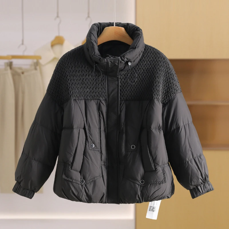 【伍莎-自营】拼接针织立领宽松纯色羽绒服外套#XZW38H009