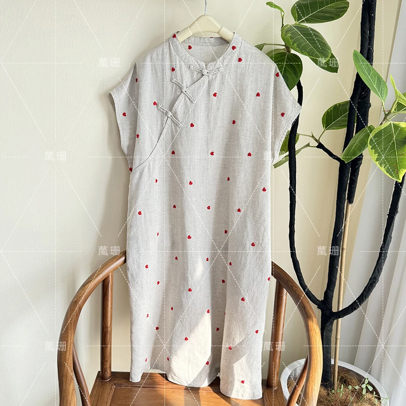 【小爱心】立体刺绣夏季亚麻国风盘扣斜襟月亮袖上衣裙子52395