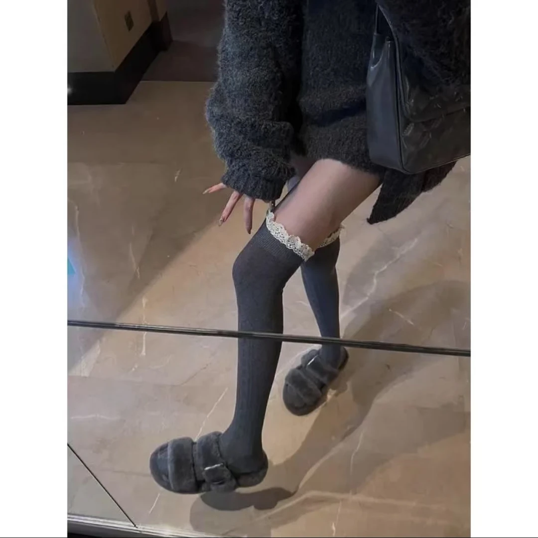 过膝长筒袜子女ins风百搭显瘦春秋蕾丝花边白色大腿袜黑色夏季