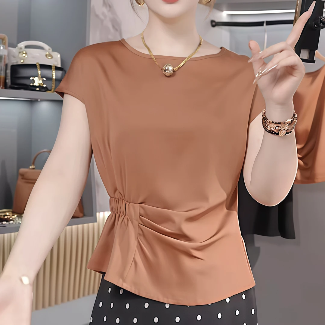 【夏日温柔】2025夏季新款设计感收腰褶皱光泽优雅气质短袖T恤女潮