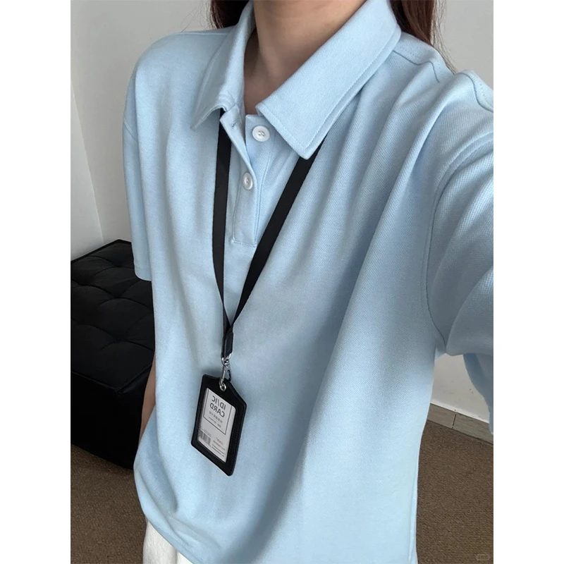 浅蓝色空气珠地棉polo衫短袖男夏少年感穿搭翻领t恤cleanfit半袖