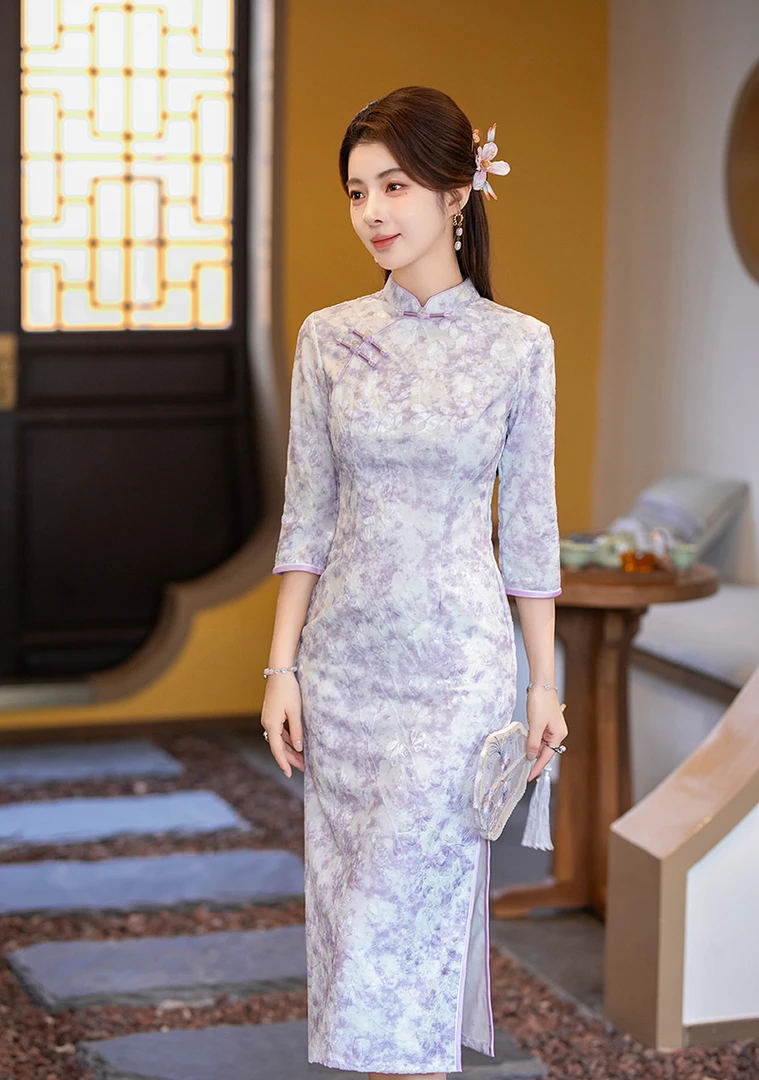 <梦怡>新中式中国风长裙少女风花色旗袍日常中长款时尚少女年轻款