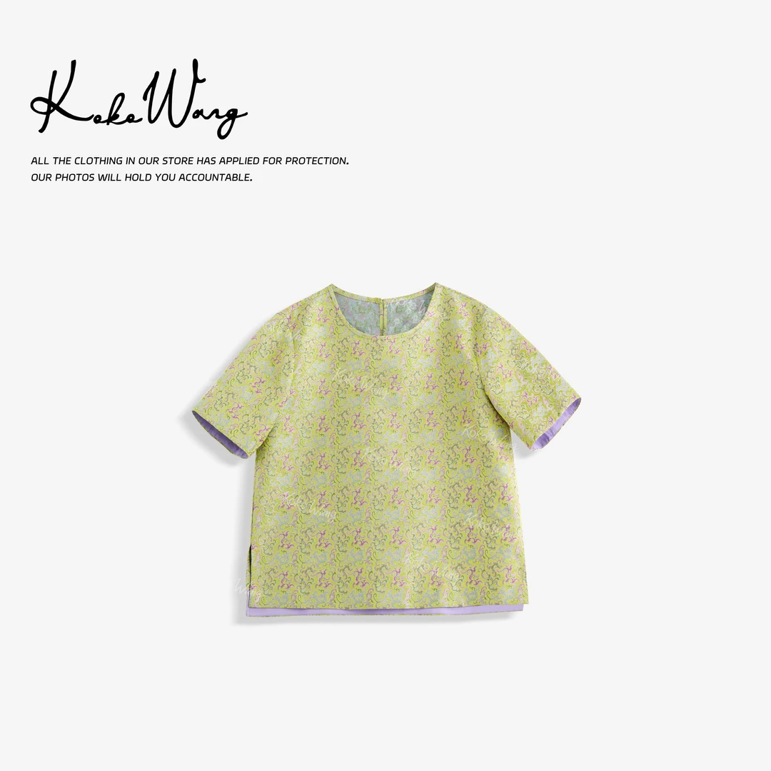 KOKOWANG夏季38姆米100桑蚕丝提花显瘦百搭短袖上衣502445F18T48