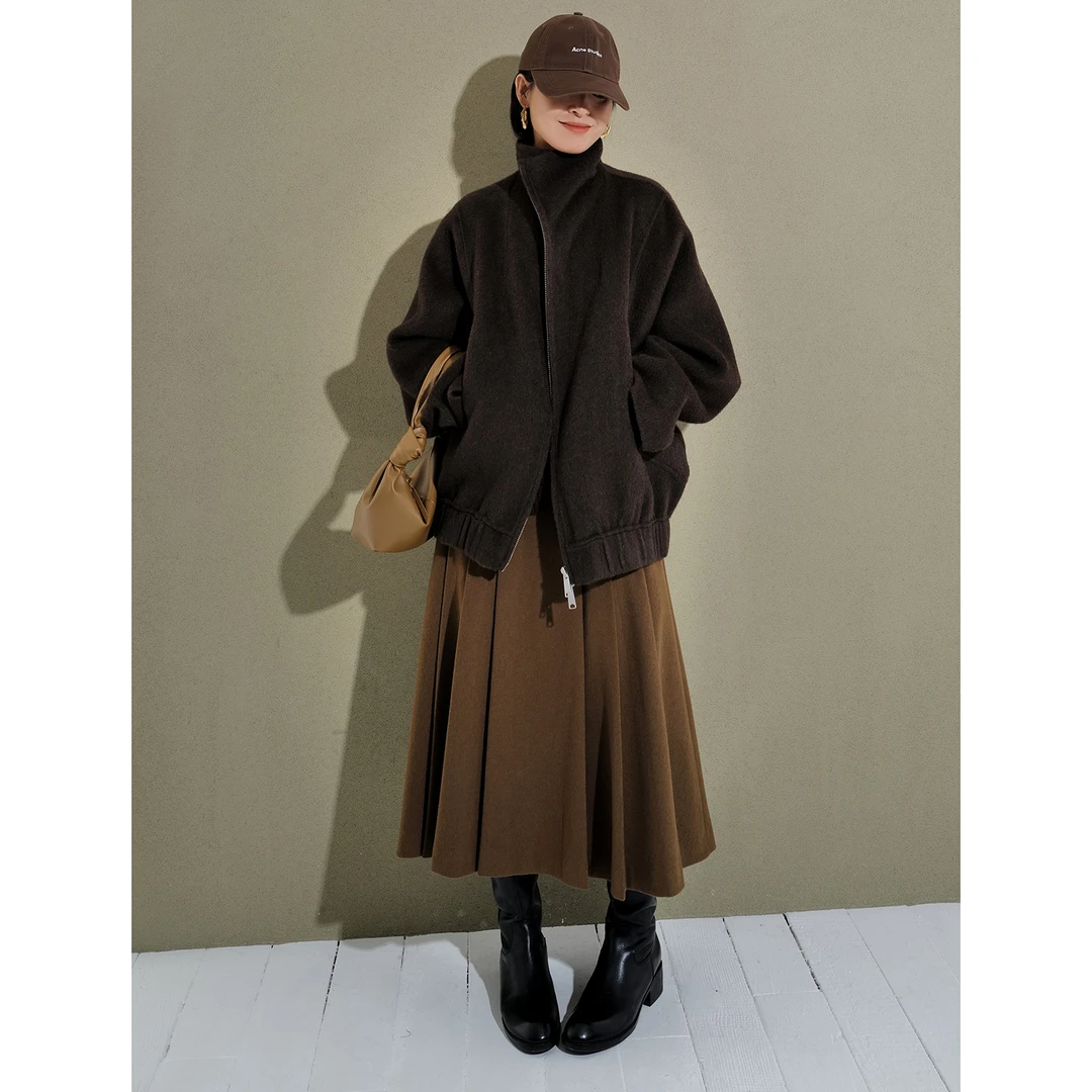 860克牦牛绒 稀少珍贵 深棕色女拉链翻领宽松毛呢外套夹克135704