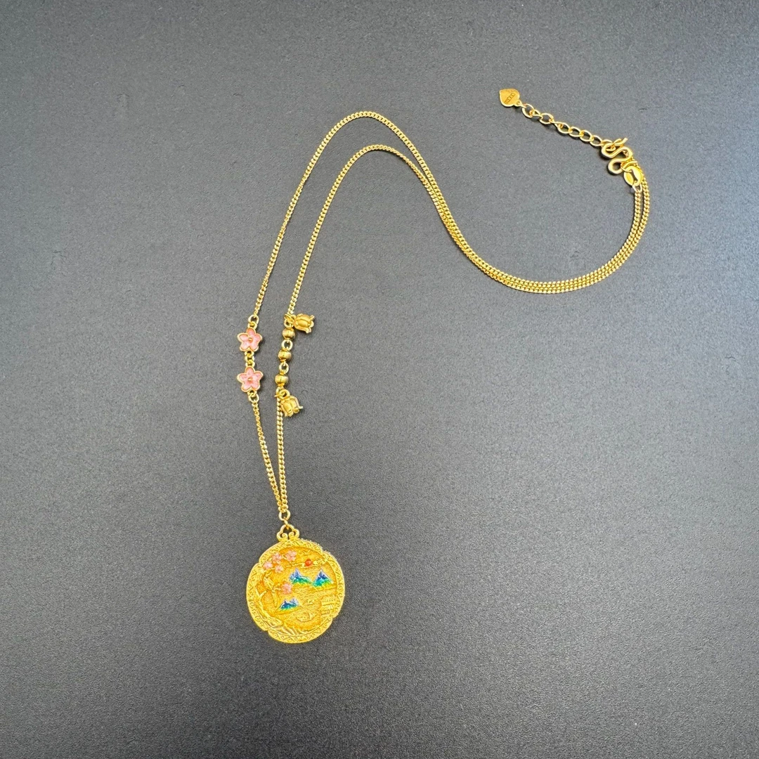 足金999 黄金珐琅彩千里江河项链