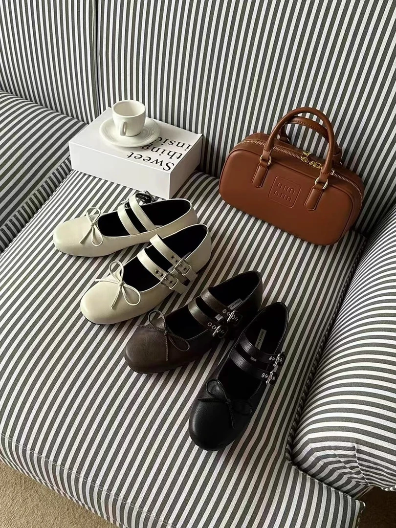 ONEXH·2025夏季复古小香风圆头蝴蝶结双扣带玛丽珍鞋女平底单鞋