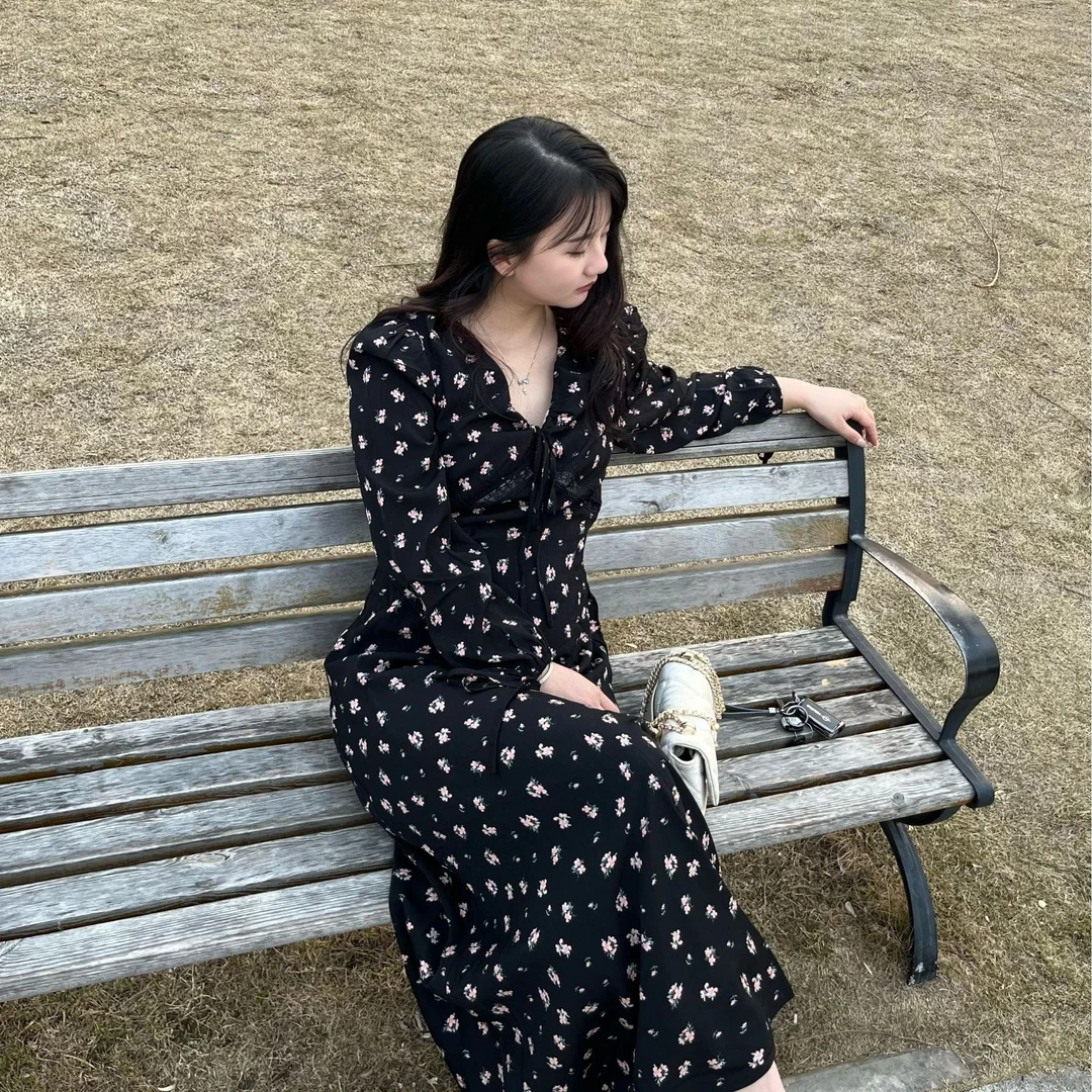 【蔷薇日记】碎花鱼尾高级连衣裙可调节领口显瘦长袖高腰时尚复古