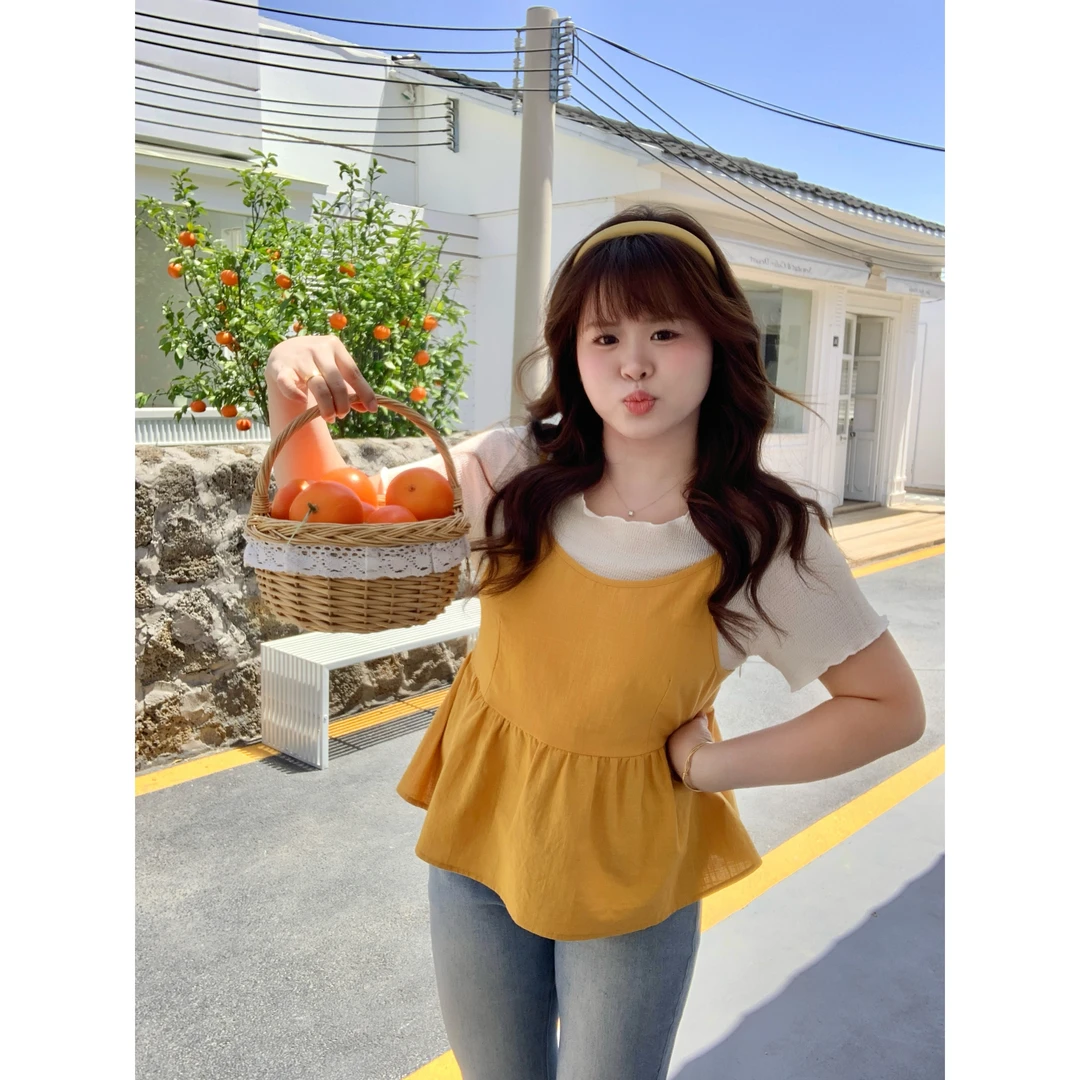 【西柚暮色】大头婷微胖夏季T恤假两件拼色木耳边圆领短袖上衣