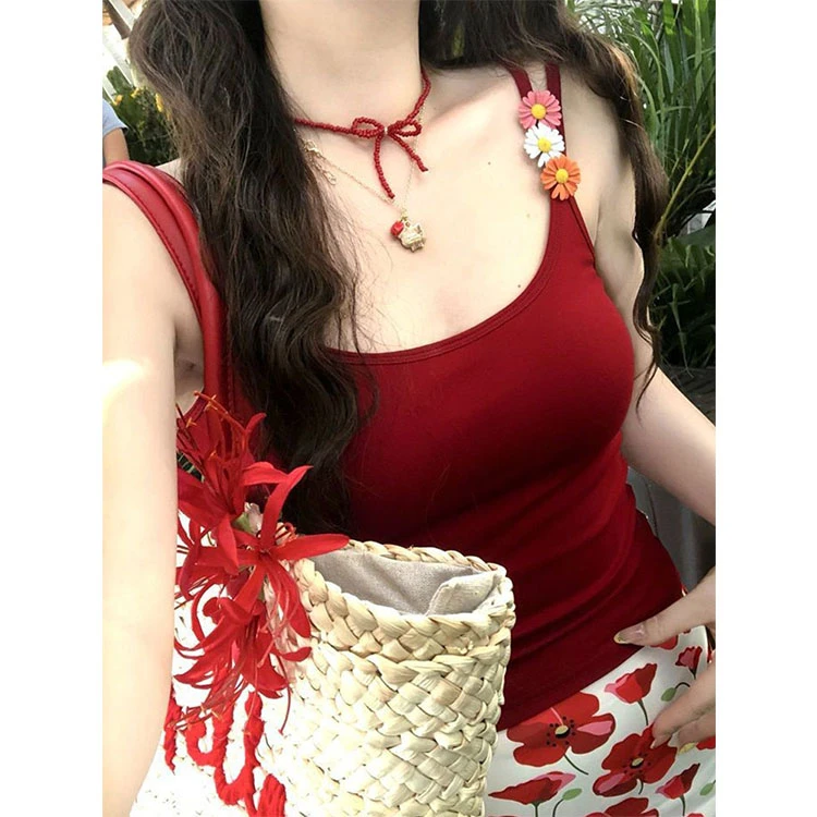 美式复古设计感小雏菊花朵胸针吊带背心女夏季带胸垫修身辣妹上衣
