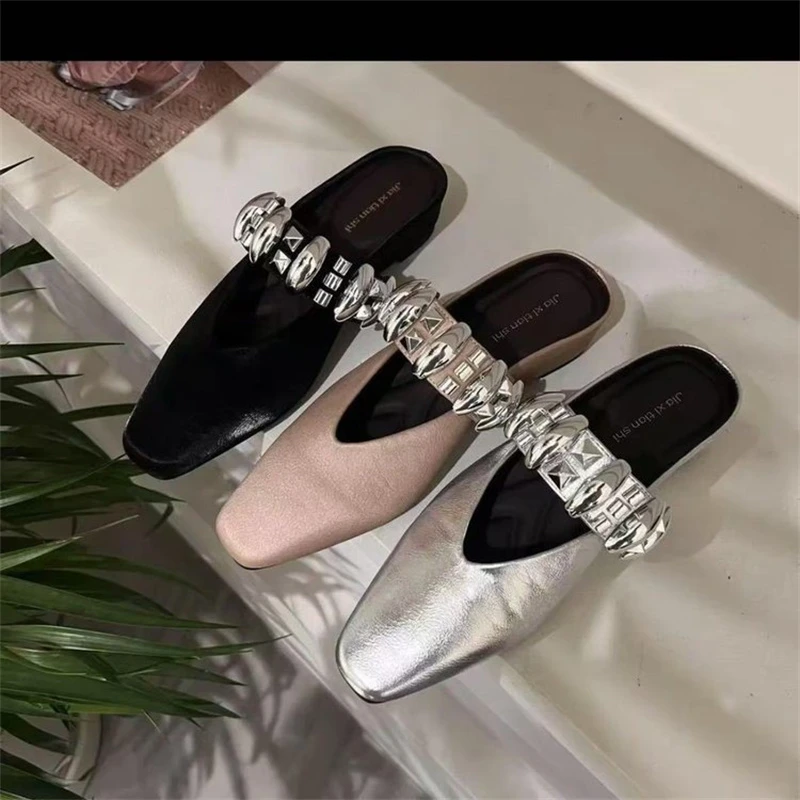 甜酷英伦风金属单鞋女2025银色系内增高外穿包头拖方头一字带半拖