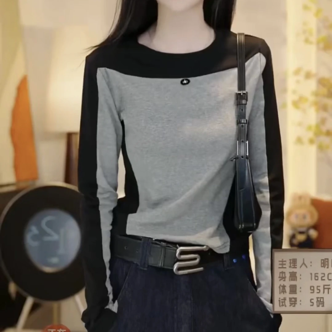 5262长袖条纹嘻哈风休闲风女透气T恤圆领打底衫套头百搭