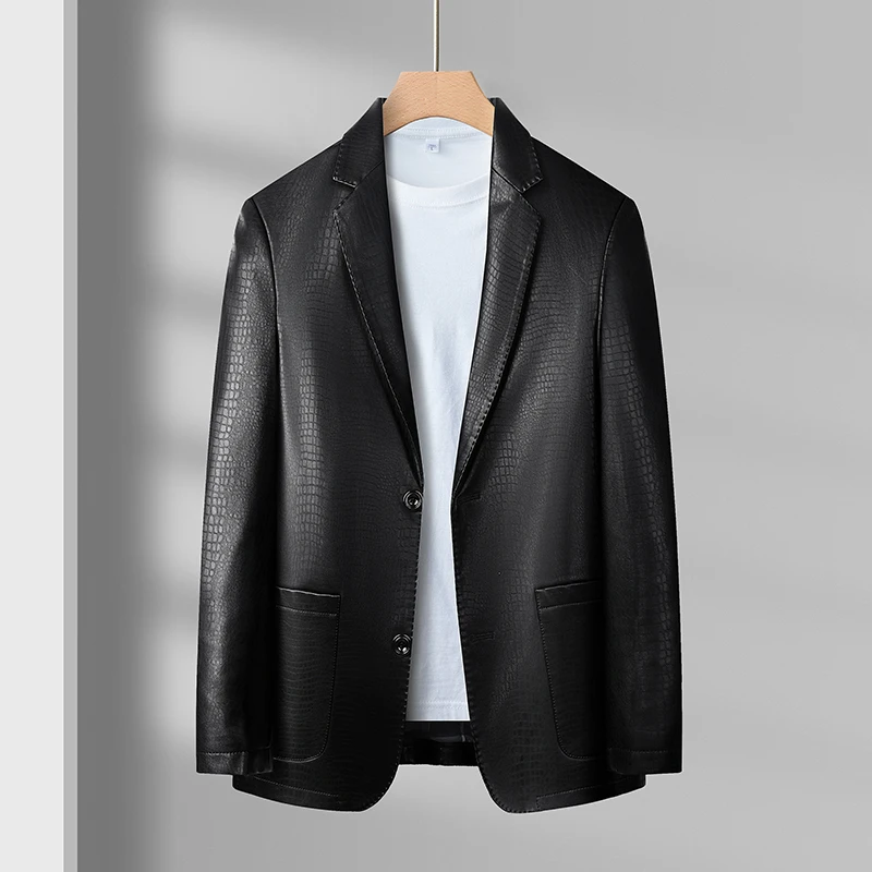 海宁皮衣男士时尚休闲鳄鱼纹帅气春款百搭西服款男装皮衣外套2045