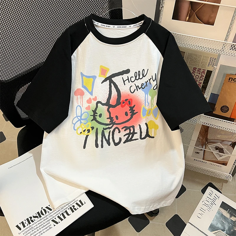 女童T恤夏季洋气儿童卡通时髦拼色上衣大童女孩夏装百搭时尚短袖