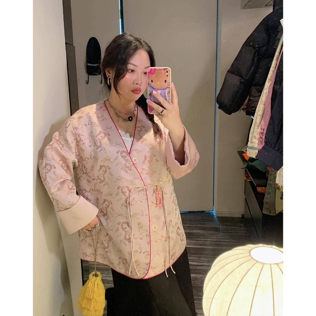 Dazi金大支粉色撞色国风V领外套女短款0630/0099小众宽松印花长袖