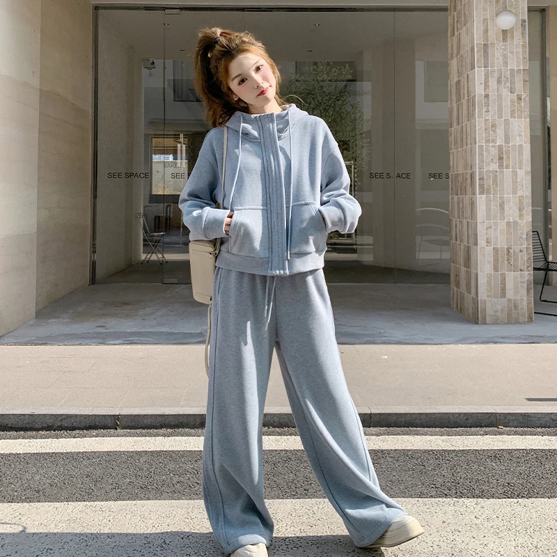 蓝色休闲运动套装女春季2025新款韩版学院风时尚减龄直筒裤两件套