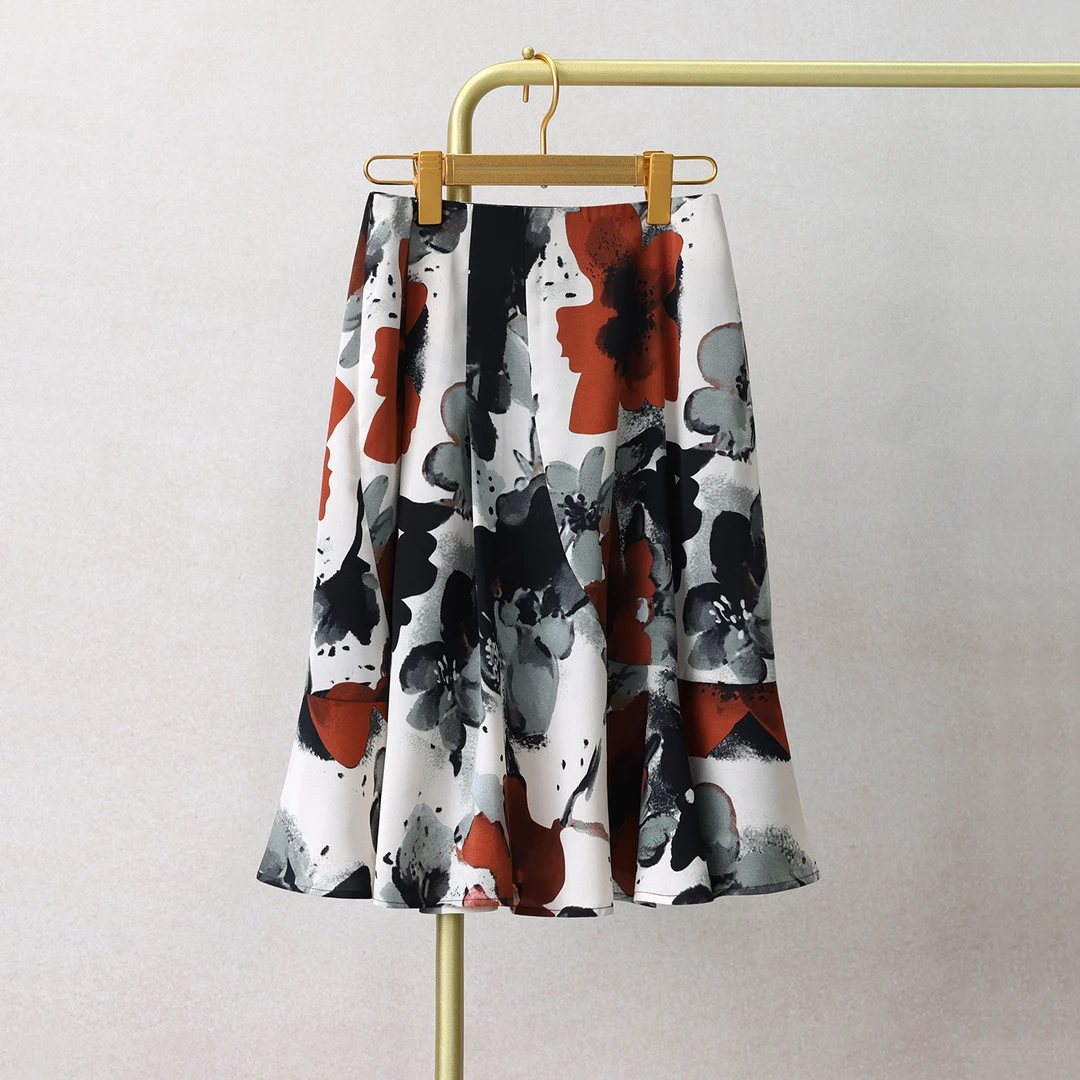 水墨印花半身裙夏季2025新款高腰小个子雪纺碎花裙子中长款鱼尾裙