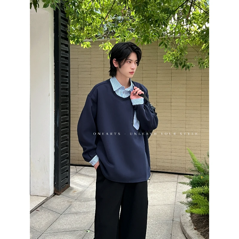 【ONEARTS卫衣】400g华棉复合美式高街上衣撞色假两件翻领套头卫衣