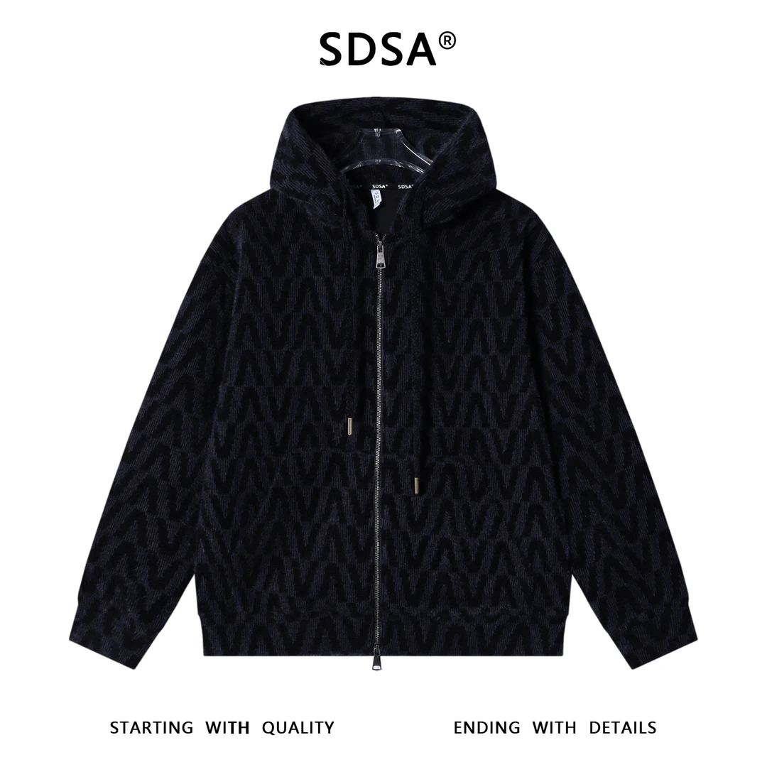 SDSA男士秋冬新款痞帅男装时尚撞色满印字母绒毛拉链连帽卫衣百搭