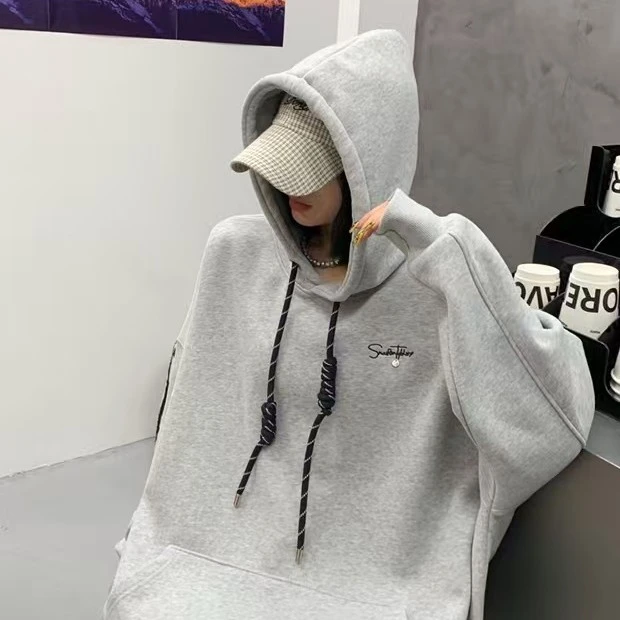冬季新款美式复古连帽加绒宽松长袖字母刺绣拼接卫衣女