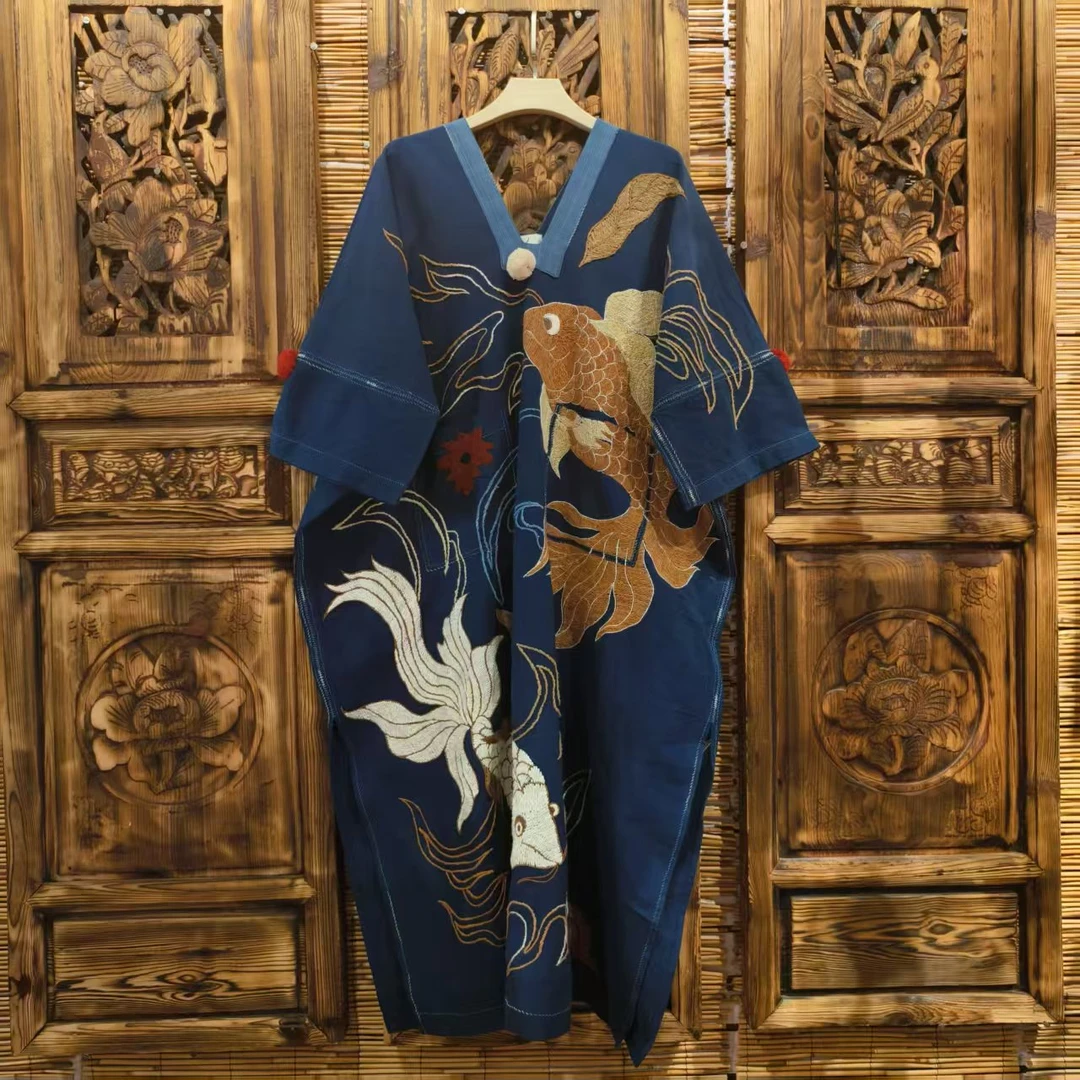 四两民族风手工织布宽松大气V领连衣裙