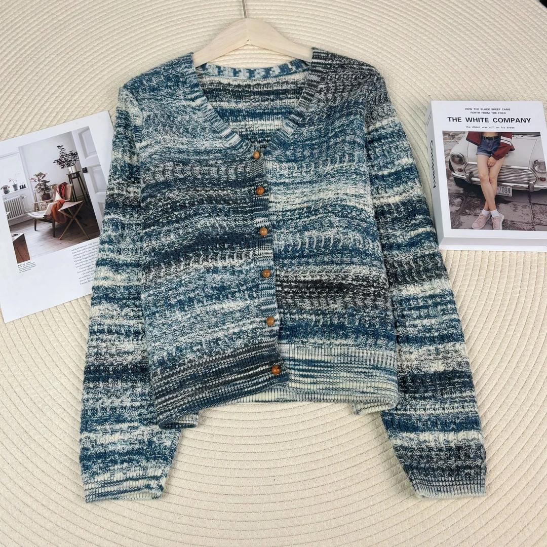 玲姐定制-V领开衫毛衣外套微镂空大方简约针织开衫229621