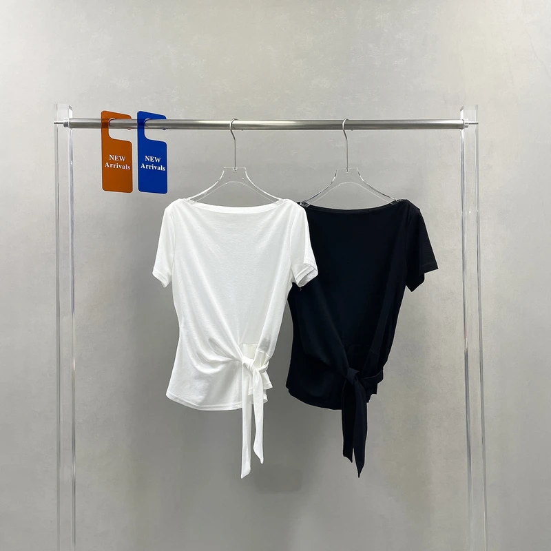 欧货25夏季新款一字肩系带短袖T恤女纯色百搭收腰款半袖上衣89816