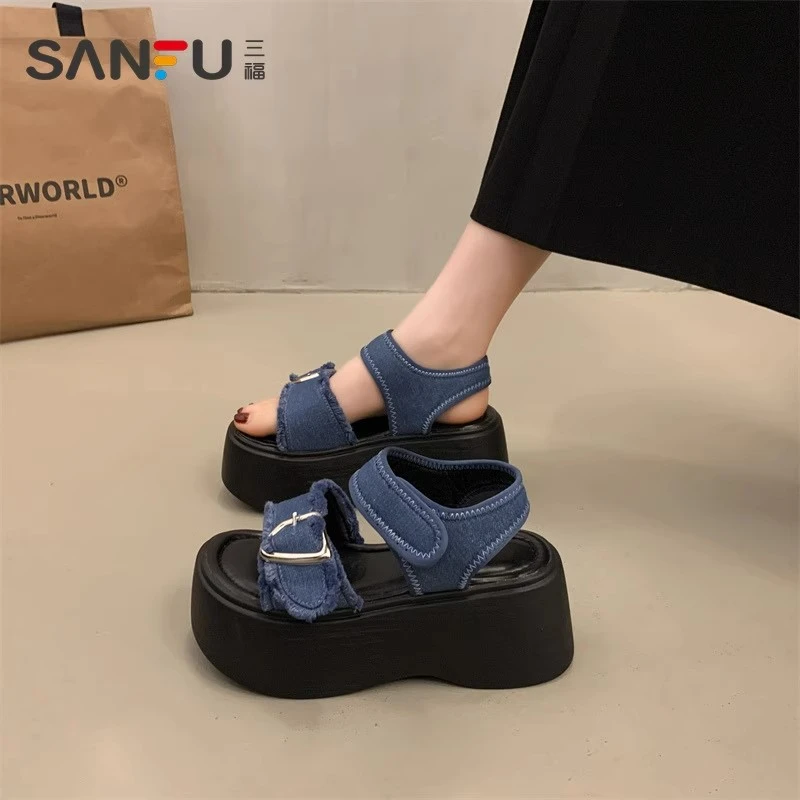 三福厚底增高凉鞋子女配裙子外穿2025夏季新款法式百搭罗马坡跟鞋