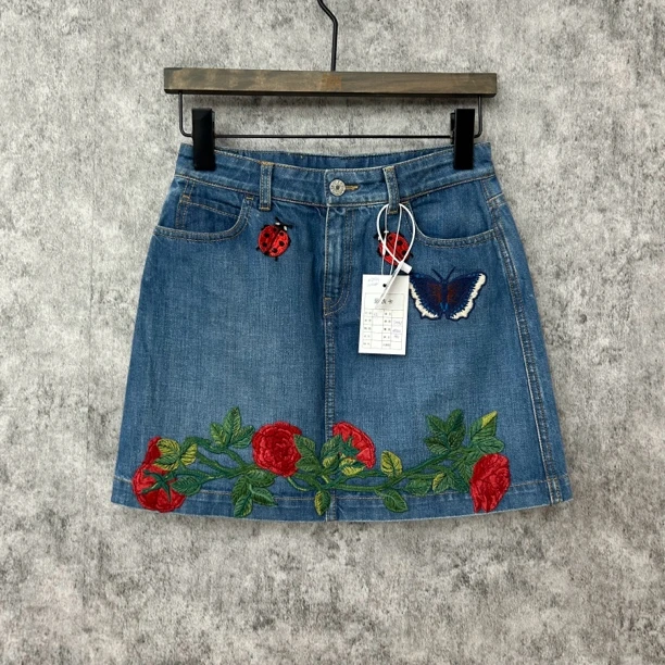 95新 GUCCI/古驰 蓝色牛仔花纹短裙