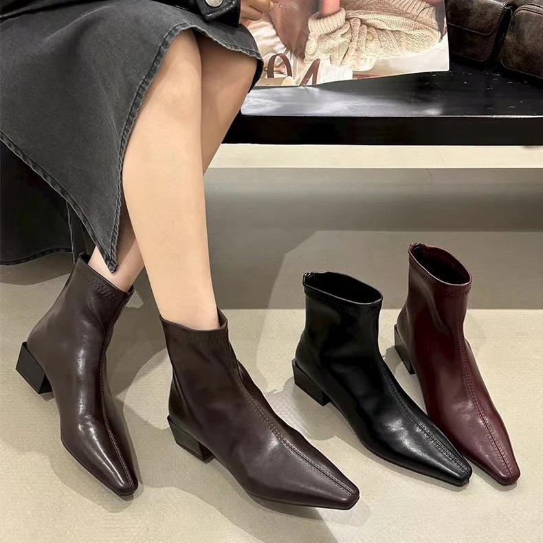 粗跟短靴女2025秋冬新款女靴欧美马丁靴方头靴子短筒靴气质瘦瘦靴