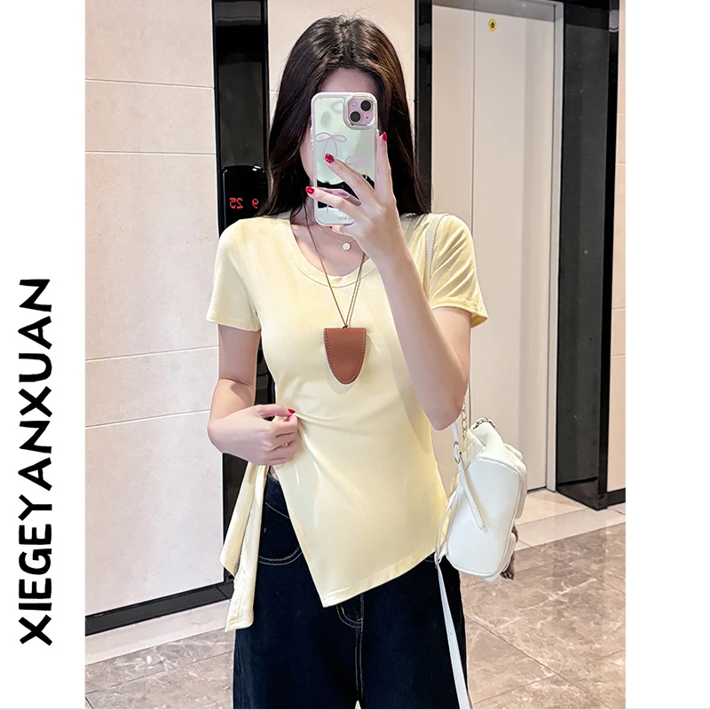 短袖圆领绑带修身型T恤女时尚气质高腰打底不规则上衣
