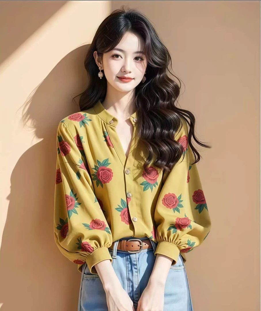 玫瑰印花衬衫夏季高级感轻奢设计感七分袖超好看小衫上衣黄色薄款