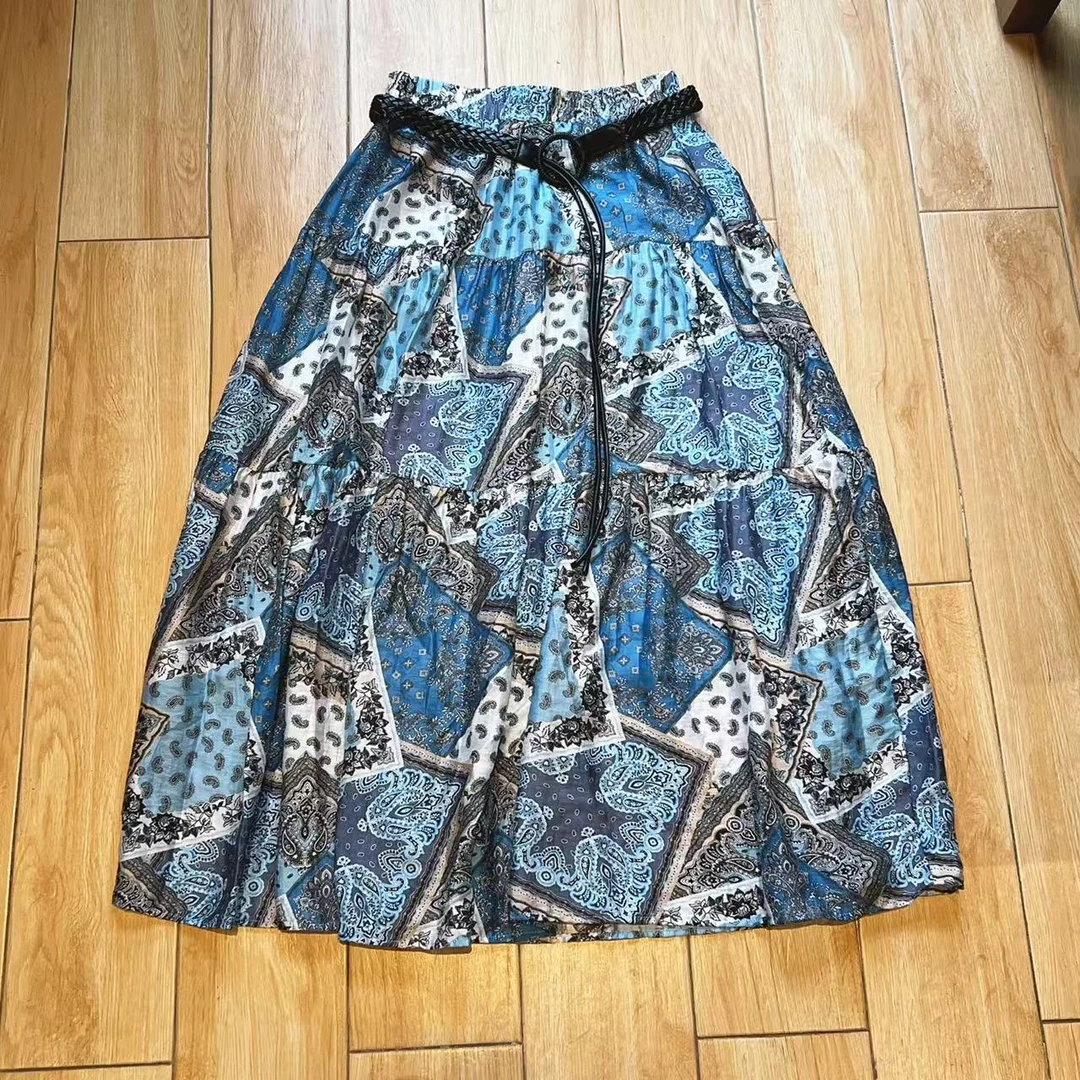 【秀秀新品】 民族度假风带腰带拼色花型半裙女士