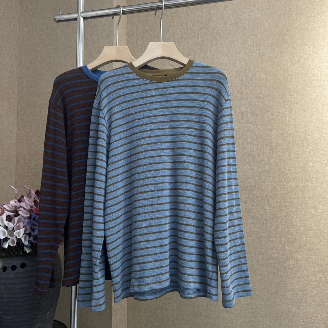 女款秋季条纹长袖T恤休闲圆领撞色拼色百搭长袖上衣