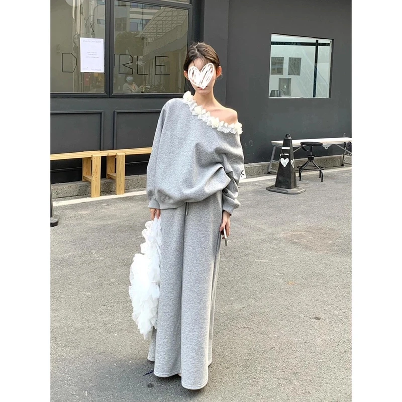 斜肩/一字肩花领配饰卫衣+弹力修身开衩长裙套装   PP002
