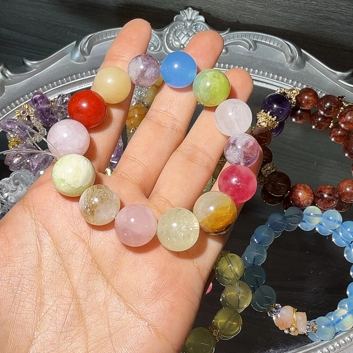 银S925镶嵌手链水晶玛卡龙色系多宝手串