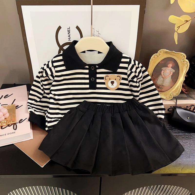 【甜甜baby】秋冬休闲条纹卫衣短裙两件套女童韩版洋气小熊慵懒套装